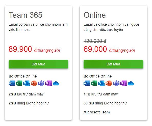 Bảng giá microsoft email 365 - Web4s Nhân Hòa